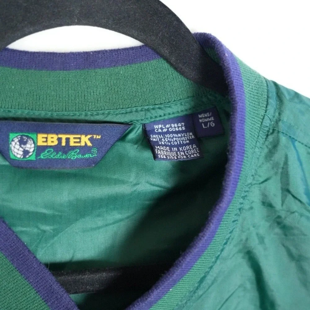 Vintage Eddie Bauer EBTEK Mens Green‎ Nylon V-Neck Windbreaker Pullover Large